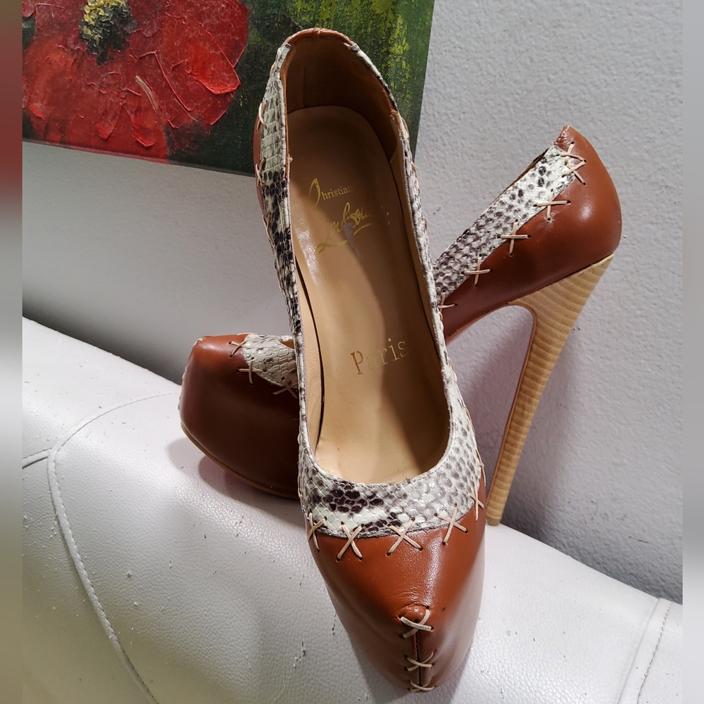 Christian Louboutin Brown Python Platform Pumps S… - image 3